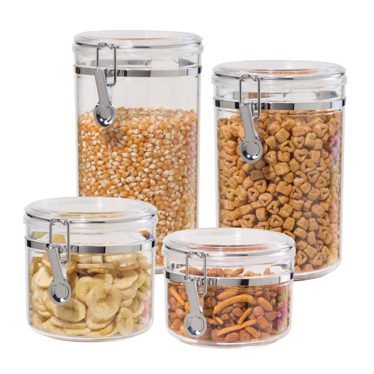 OGGI 4pc Clear Canister Set with Clamp Lids Airtight Containers in Sizes Ideal for Kitchen & Pantry Storage of Bulk, Dry Foods Including Flour, Sugar, Coffee, Rice, Tea, Spices & Herbs (Set of 4)